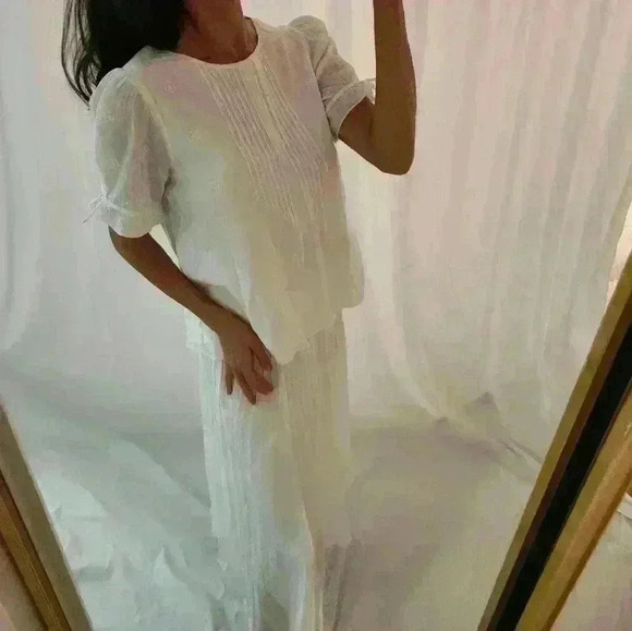 MADEWELL White Romantic Blouse Cream pleat picnic Short Sleeve quarter sleeve - Picture 3 of 11